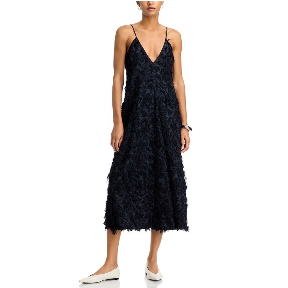 CO Navy Textured Frayed Slip Dress V-Neck Midi Sleeveless 4906GFC-PS25 Small